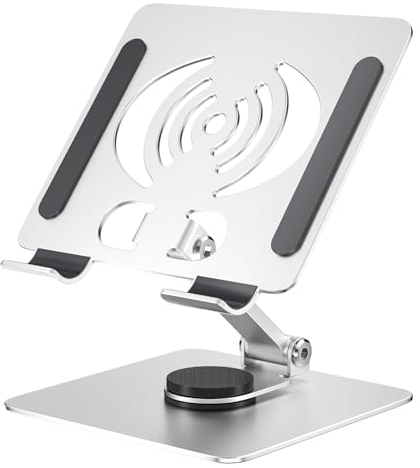 Firschoie Soporte Tablet, Plegable de Aluminio Soporte iPad, Giratorio 360° Ajustable Soporte para Móvil, Soporte Tablet Mesa con Base Más Pesada, para Tableta, iPad, Teléfono(Plata)