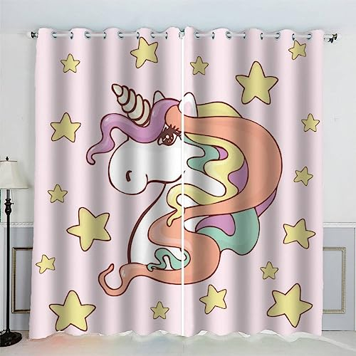 AKATIE Vorhang Cartoon-Pferd Polyester Vorhänge mit Ösen 2er Set Gardinen Stern Rosa 3D Drucken Verdunkelungsvorhang für Wohnzimmer Schlafzimmer (234x137 cm)