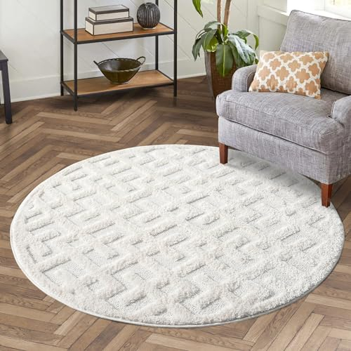 carpet city Teppich Wohnzimmer Hochflor Creme - 160 cm Rund - Geometrisches Hochtief-Muster, 3D-Effekt - Bettvorleger Schlafzimmer Teppiche Boho, Skandi