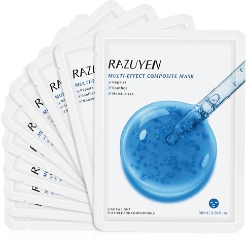 RAZUYEN Reparierende Gesichtsmaske (10 Masken) für trockene und sensible haut, Tuchmasken Gesicht mit Hyaluronsäure, Centella und Panthenol, Revitalisierung und Feuchtigkeitsspendend