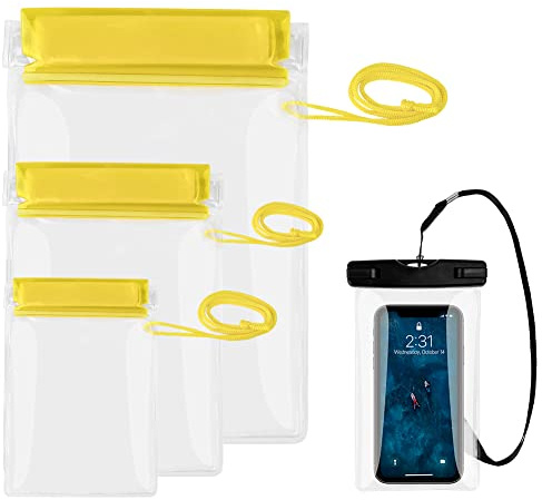 Ruayia 3 Stück wasserdichte Beutel, Unterwasser handyhülle, schützt Telefon/Geld/Karte/Schlüssel, ideal für Schwimmen, Rafting, Kajak, Bootfahren, Camping, Wandern, Angeln - Gelb