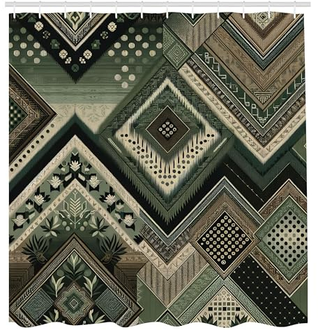 ABAKUHAUS Boho Duschvorhang, Geometrisches Chevron Muster mit floraler punktueller Verzierung Ikat, Stoffliches Gewebe Badezimmerdekorationsset mit Haken, 175 x 200 cm, Lorbeergün, Eierschale