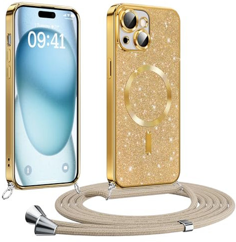 Phoona handyband Hülle für iPhone 15 mit Band, Glitzer Handyhülle Kompatibel mit MagSafe, Ganzkörperschutz Kratzfeste Stossfest Schutzhülle mit Einstellbar Kette, Gold