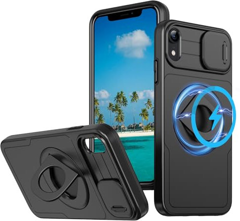 LXHGrowH Cover per iPhone XR, Compatibile con MagSafe, Custodia Antiurto Protettivo di Militare Grade, Case Anti-shock Protettiva Armor con Scorrevole Protezione Fotocamera, Nero