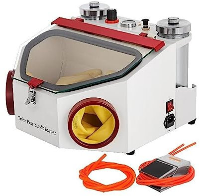 Équipement de sableuse de laboratoire dentaire 2 stylos + 2 réservoirs avec lumière LED grande fenêtre de vue et commande de pédale for éliminer les oxydes Améliorer l'efficacité