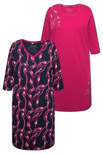 Ulla Popken Bigshirts, 2er-Pack, V-Ausschnitt/Rundhals, 3/4-arm Maglia Lunga da Notte, Fucsia, 52-54 Donna
