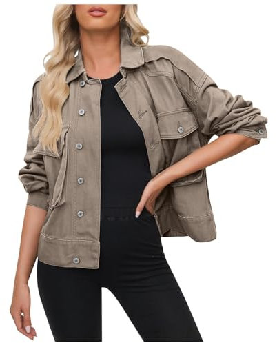 Jeansjacke Damen Patchwork Einfarbig Work Jacket Kurz Sweatblazer mit Taschen Button-Down Revers Work Coat Autumn Winter Jean Jacken Vintage Teenager Mädchen Mantel Übergangsjacke Sportjacke