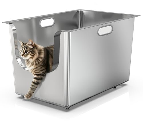 PTLOM Katzenklo Edelstahl, extragroße Katzentoilette mit 35 cm hohen Seiten, tiefes, spritzwassergeschütztes Reinigungswerkzeug für Haustiere, Räder an der Unterseite für einfaches Bewegen