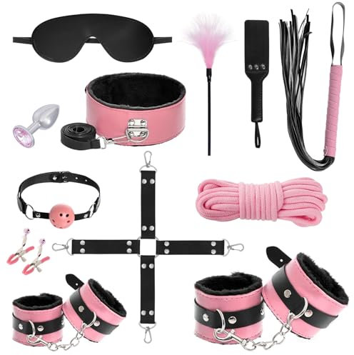 12er BDSM Bondage Set Fesselset Erotik SM Sex Spielzeug Zugband Handschellen Knöchelmanschetten Analplug Nippelklemmen Ballknebel Federkitzler Augenmaske Peitsche Paddel Baumwollseil (rosa & schwarz)