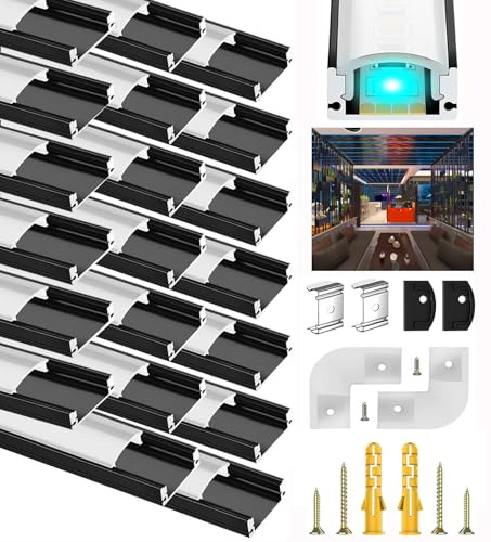 LED Stripe Kanal Schwarz, 20x1M Aluminium Profil U Form Strip Profil für 12mm LED Streifen, Leiste Schiene Kanäle Aluprofil Eckprofil Diffusor mit Milchig Weißer Abdeckung und 90 Grad Eckverbindern