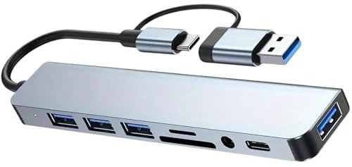 Hub USB C 8 en 1, Adaptador USB C con 4 Puertos USB, Lector de Tarjetas SD/TF, Conector de Auriculares 3.5mm, Puerto USB C para Datos, Compatible con MacBook Pro/Air/Tablets/Smartphones y Más.