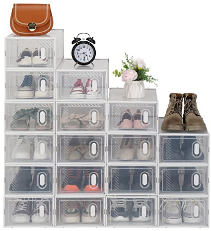 18PCS Shoe Storage Boxes, Clear Plastic Stackable Shoe Organizer Shoe Rack with Doors for Women/Men