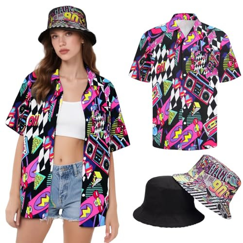 Haut hippie pour femme - Tenue hawaïenne - Chemisier - Costume - Chemise Flower Power - Chemise des années 80 - Vintage - Style années 90 - Vêtement décontracté - Rétro - Costume de carnaval, 90s-wow