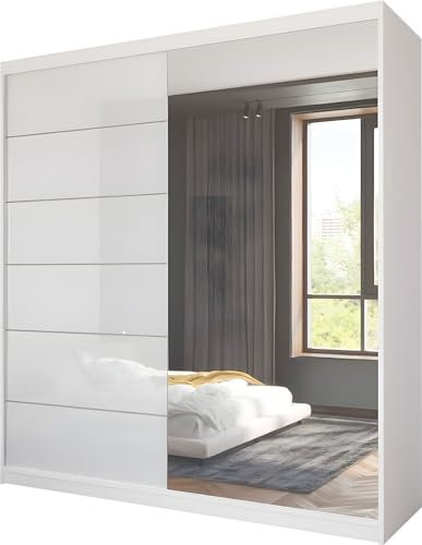 FURNITUREWAVE Modern High Gloss Sliding wardrobe With Mirrored Door | Bedroom cabinet with Hanging Rails, Shelves (White, 180cm)