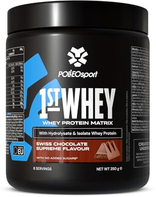 Polleo 1st Whey - Premium Molkenprotein (Konzentrat, Isolat & Hydrolysat) – Mit 5 g BCAA & 5 g L-Glutamin pro Portion – Ohne Zucker, Gluten & GMO (250 g, Swiss Chocolate Supreme)