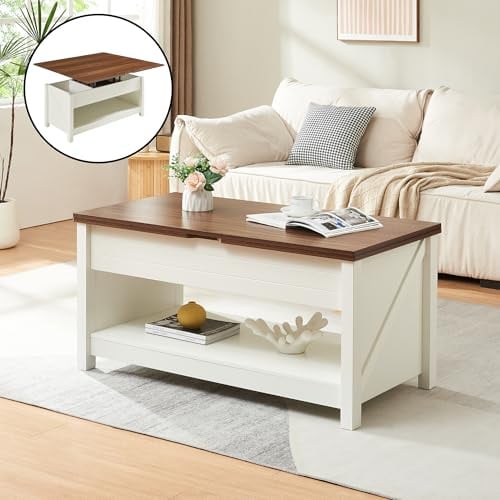 [en.casa] Mesa de Centro Kasama Mesa Baja Rectangular con Tablero Elevable y Extensible con 3 Compartimentos Internos Mueble Auxiliar Mesita para Salón 110 x 55 x 54 cm - Efecto Nogal/Blanco