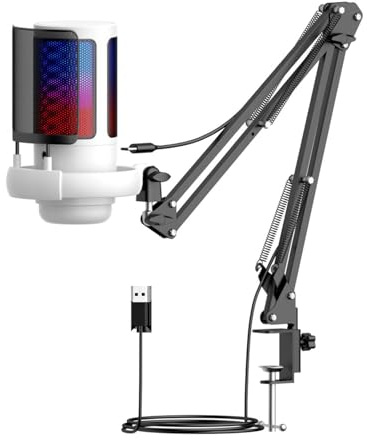 budiniao Microphone de Podcast à Bras articulé Flexible avec Technologie USB et éclairage RGB pour des Sessions de Jeu en Ligne immersives. Réglage l'angle et du Gain.