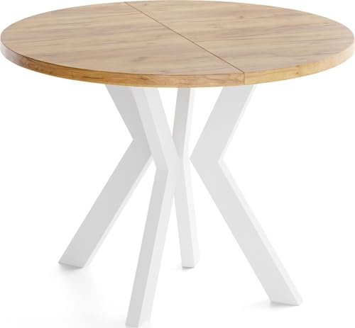 Runder Esstisch Ausziehbar 100-300 cm XXL Groß – Verlängerbar, für 5-14 Personen mit Weißen Holzbeinen – Tisch für Wohnzimmer & Esszimmer in Eiche Braun