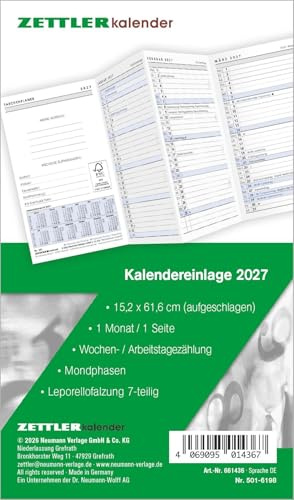 Kalenderersatzeinlage TP 1M/1S Leporello 2027: Ersatzkalendarium 9x15 cm für Taschenplaner Typ 501, 1 Monat pro Seite, 7-teilige Leporellofalzung