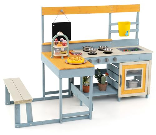 COSTWAY Matschküche Kinder, Outdoor Spielküche Holz mit Picknicktisch und Bank, Kinderküche mit Echtem Wasserhahn, Spüle, Tafel, Dessert- & Kochzubehör, Outdoorküche für Kinder ab 3 Jahren