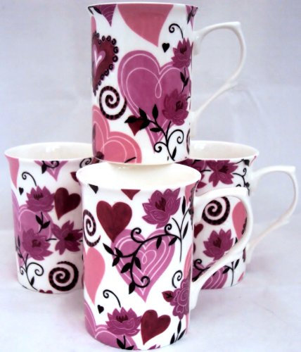 fromeuropewithlove Hearts and Flowers Mugs Set of Six Fine Bone China Hearts Mugs Hand Decorated in the UK Free UK Delivery