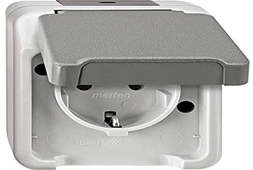 Schneider Electric Merten Schuko-Steckdose mit Klappdeckel, 1-fach, 2-polig+E, Berührungsschutz, Aquastar, lichtgrau, Artikelnummer MEG2300-8029