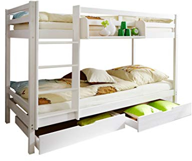 TiCAA Etagenbett, Kinderbett Stockbett für Kinder mit Treppe & Zwei Liegeflächen aus Kiefer Massivholz weiß Bettgestell 90 x 200