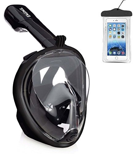 Emsmil Maschera da Snorkeling 180 Panoramici Full Face Respirazione Libera Maschere Subacquee Anti-Appannamento Anti Infiltrazioni Sacchetto Impermeabile Telefono per Adulti e Bambini Nero