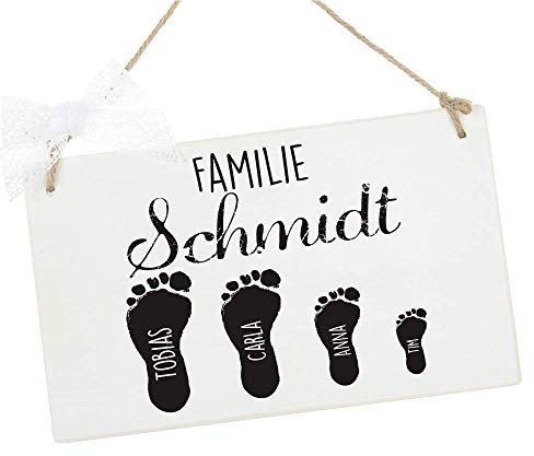 Türschild mit Fußabdrücken und Namen, Familienschild aus Holz, Besondere Geschenkidee für Familien und Eltern