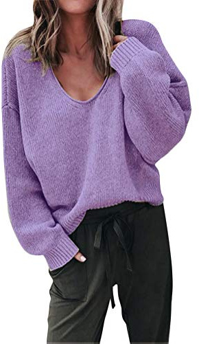ShallGood Femme Pull Automne Et Hiver Fashion Lâche à Manches Longues Pull Col V Sexy Chaud Pullover Sweater Top Blouse en Tricot Tops Chic