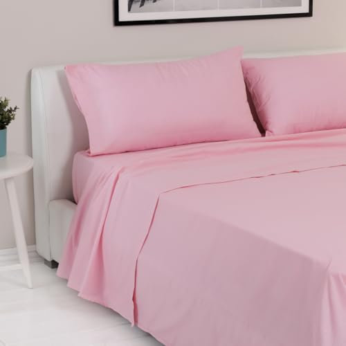 LARA MORADA - Set Completo Lenzuola Una Piazza E Mezza, 100% Cotone, Made In Italy, Tinta Unita, Per Letto 1 Posto E Mezzo Rosa