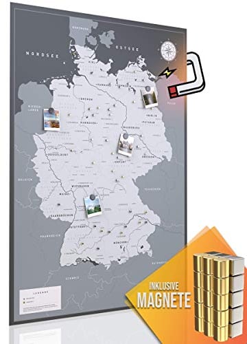 VACENTURES Magnetische Pinnwand Deutschlandkarte XXL inkl. 2 x 15 magnetische Pins I Markiere Deine Reiseziele I Sammel Fotos und Magnete I Magnet Poster (DIN A0 119x84cm)