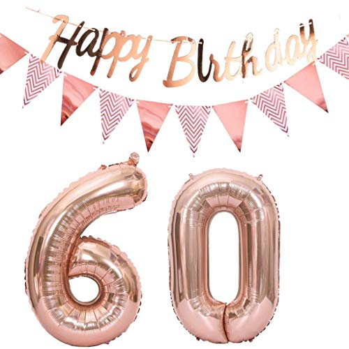 Luftballons 60.geburtstag deko frauen rosegold+Happy Birthday Girlande +Wimpelkette 40Zahlen Ballon 60 Luftballons 60 Jahre Geburtstag Dekoration frau Geburtstagdeko 60 Geburtstag deko rosegold(60)