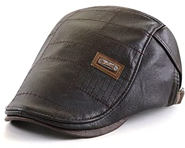 CHENNUO Schiebermütze PU-Leder Herren Winter Gatsby Flatcap ivy Schirmmütze (Dunkelbraun-A)