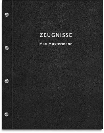 Zeugnismappe in schwarzer Felloptik inkl. personalisierter Prägung – mit 12 DIN A4 Sichthüllen für Zeugnisse, Urkunden