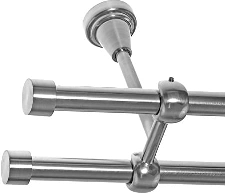 BASIT Gardinenstange Edelstahllook 16mm 2-läufig Decke 160cm lang D24 | Gardinenstangenset doppelläufig Deckenmontage Metall Vorhangstange Deckenhalterung 120-600cm wählbar Kappe E16