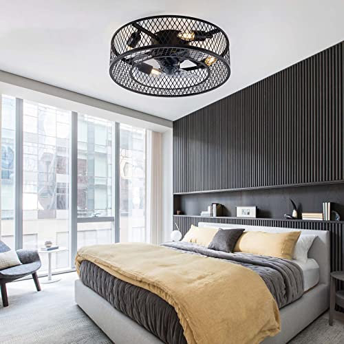 Ventiladores De Techo Con Luz Negro Y Mando A Distancia 6 Velocidades Lampara Ventilador Techo Motor DC Reversible Silencioso Fan Light Industrial Vintage Para Salón Cocina-B