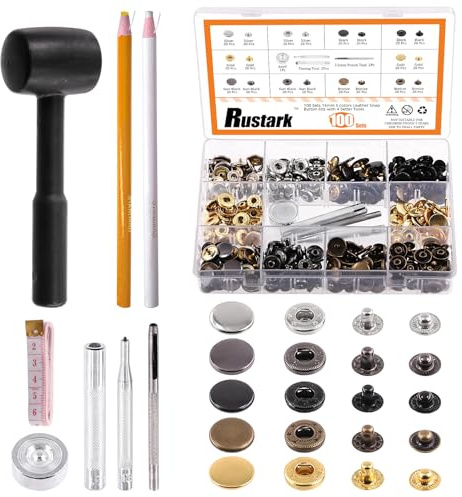 Rustark 100 Sets 15mm 5 Colors Leather Snap Fasteners Kit with Hammer 8Pcs Setting Tools, Metal Snap Button Press Stud Clothing Snap Assortment Kit for Leather, Clothes, Jackets, Jeans, DIY Craft