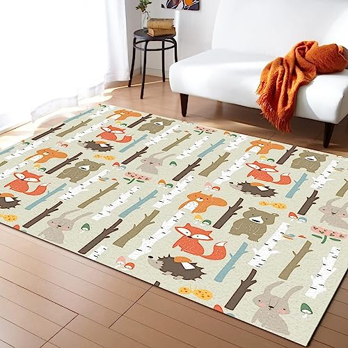 TEMLAN Cartoon-Waldtierbaum Teppiche Gegend, Fuchs, Bär, Kaninchen, Elch Flauschiger Teppich für Küche und Balkon Dekor Schlafzimmer Wohnzimmer Bodenteppich 120 x 180cm