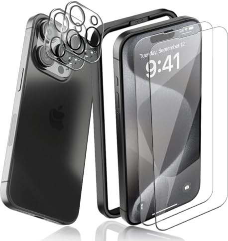 AnnhanT Schutzfolie für iPhone 15 Pro Max Panzer Schutz Glas 2 Stück + iPhone 15 Pro Max Kameraschutz Panzerfolie 2 Stück. Positionierhilfe/9H Kratzfest. Displayschutz für iPhone 15 Pro Max