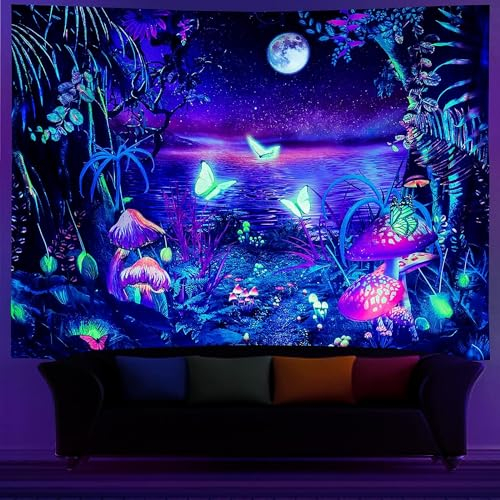 Ulticool – Pilze Schmetterlinge - Glow in the Dark Wandteppich - Schwarzlicht under UV Reaktive Bright Black Neon Light - Blacklight Psychedelisch im Dunkeln Leuchtende Wandtuch - 200 x 150 cm