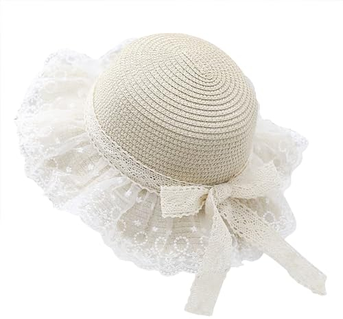 JIAHG Chapeau de Paille Dentelle pour Enfant Fille 2-5 Ans Chapeau de Soleil Bord Large Protection Solaire Chapeau de Plage en Paille avec Nœuds de Papillon Chic Capeline Paille Voyage Camping