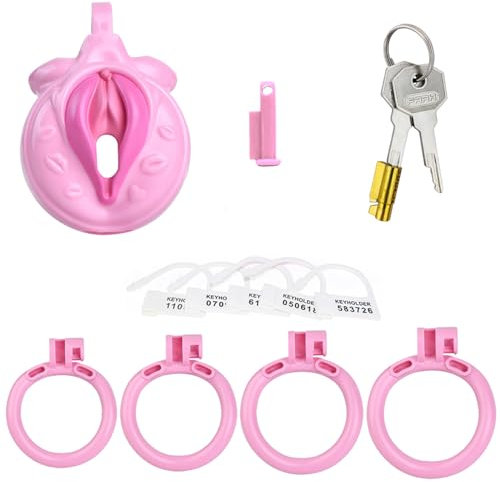Seckoe Pink Gefälscht Frauen Vagina Peniskäfig mit 4 Cockringe Flat Chastity Cage Male für Männer SM Keuschheitsgürtel Gürtel Chastity Cock Lock