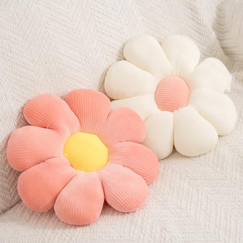 FSRONGXI 2Pcs BlumeKissen, Daisy Blume Kissen Niedliches Zimmer Dekor Bodenkissen für Schlafzimmer, Sofa, Stuhl, Dekoration(Rosa und Weiß, 38 x 38 cm)
