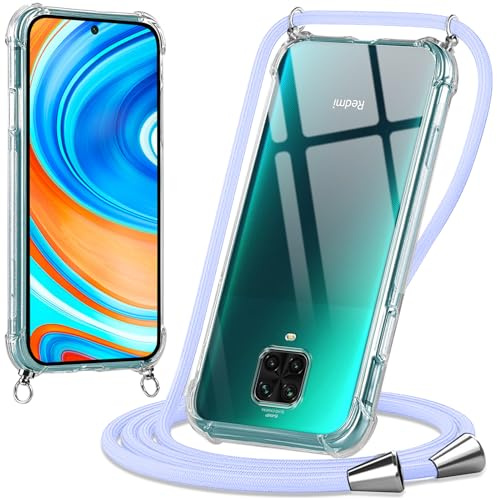 Oelrstfe handyband für Xiaomi Redmi Note 9 Pro/Note 9S (4G) 6,67 Zoll Hülle, Necklace mit Band Handyhülle für zum Umhängen, Transparent Case mit Stoßfeste Bumper Handy Schutzhülle, Pale Purple