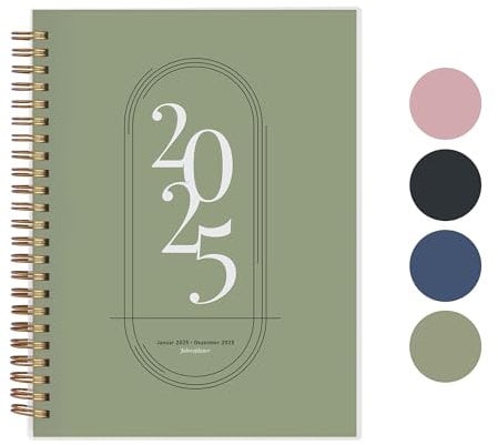 Rileys & Co 2025 Planer - Monatlicher und Wöchentlicher Agenda-Planer, Flexibler Einband, Doppelspiralbindung, Notizseiten, 20,3 x 15,2 cm (8 x 6 Zoll), Grün - auf Deutsch