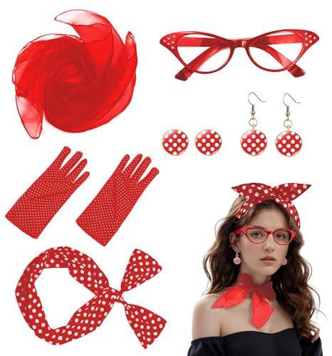 XDGBGFN 6 Stücke Set 50er Jahre Outfit Damen Rockabilly Accessoires Klassisch Vintage 60er Jahre Zubehör für Karneval, Cosplay, Party, Masquerade (Rot)