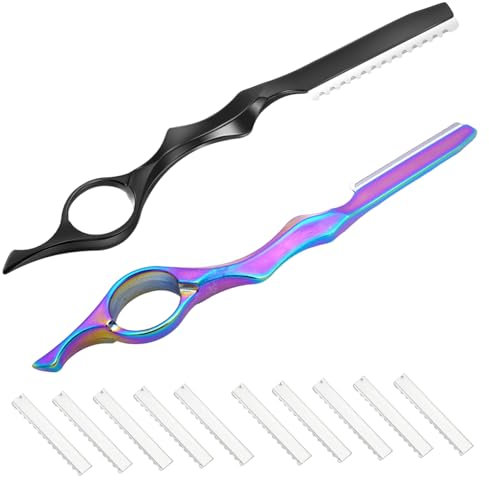 2Pcs Effiliermesser Haarschneidemesser Haarmesser Haar Styling Rasiermesser Haarstyling Friseur Effilierrasierer für den Salon und Heimgebrauch mit 10 Ersatzklingen Haarrasierkamm(Schwarz+Bunt)