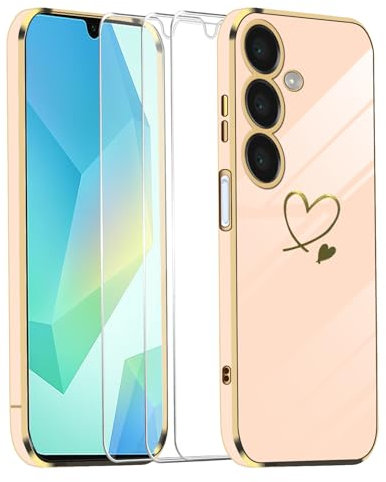Cover Compatibile con Samsung Galaxy A16 4G / 5G, con 3 Pezzi Vetro Temperato Pellicola Protettiva, Anticaduta e Antigraffio Custodia, Antigraffio e Morbido Caso - Rosa