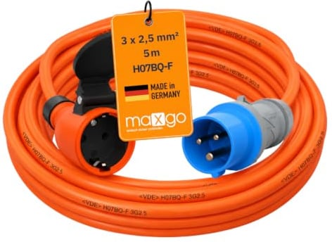 maxgo Camping Adapter CEE auf Schuko – 230V 16A 3x2,5 H07BQ-F Kabel 5m | Robustes H07BQ-F Adapterkabel Made in Germany für Camping, Wohnmobil, Wohnwagen und Boot mit CEE Stecker und Schuko Kupplung